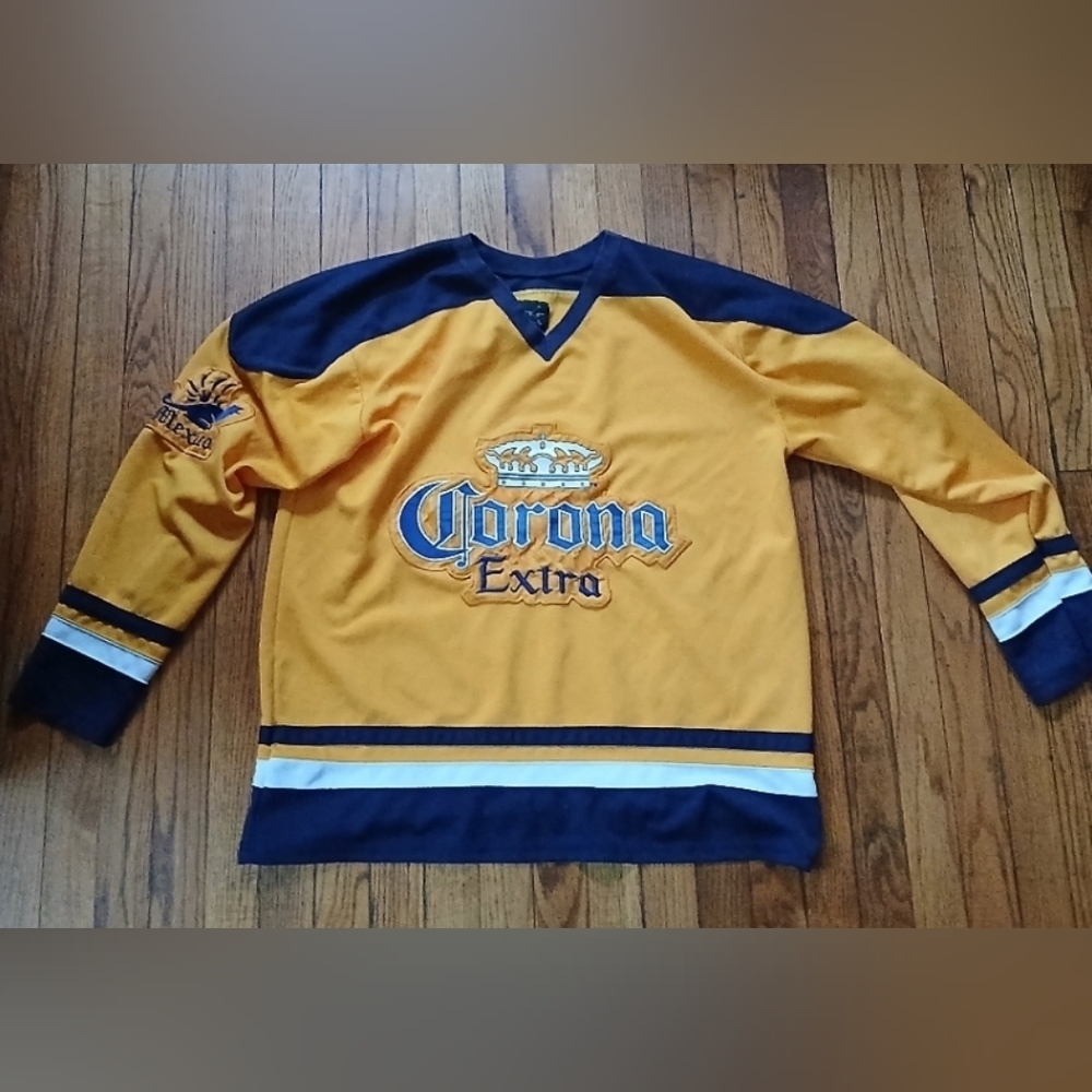 Calhoun Sportswear Corona Extra Beer Yellow/Blue/White Mens Large Hockey Jersey